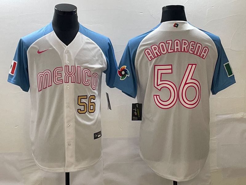 Men 2023 World Cub Mexico 56 Arozarena White blue Nike MLB Jersey15
